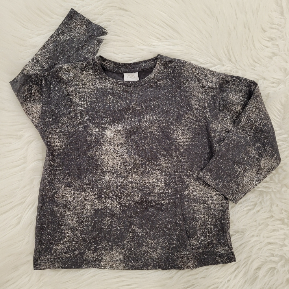 Zara Girl's Black And‎ Gray Speckled Celestial Long Sleeve Top Size 6-7